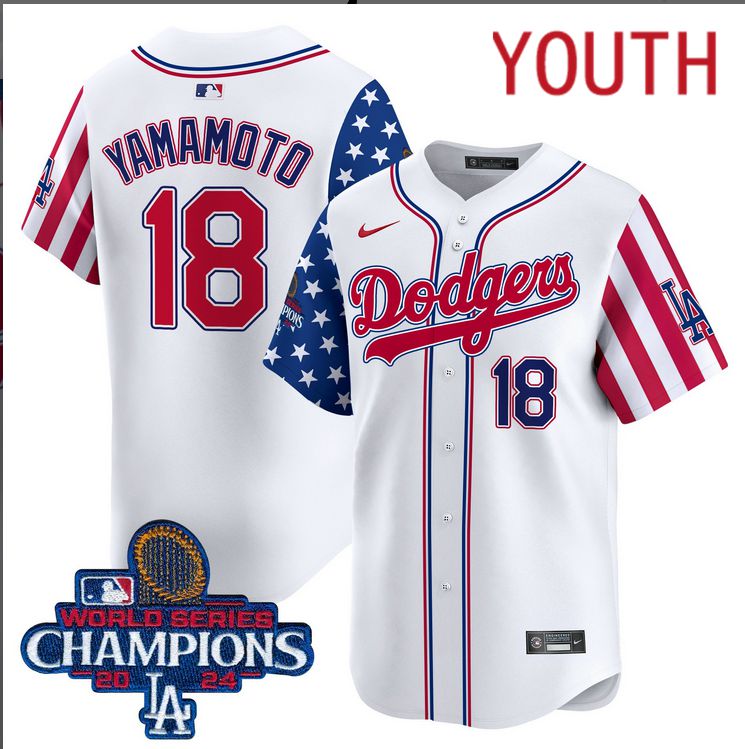 Youth  MLB Los Angeles Dodgers #18 Yamamoto American Style white 2024 World Series Champions  Limited Jersey->youth mlb jersey->Youth Jersey